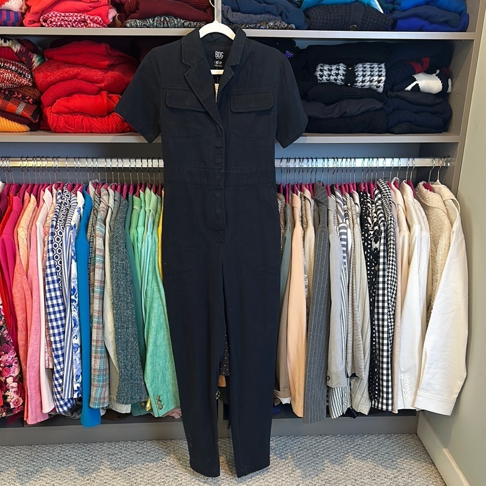 BDG black short sleeve front snap back elastic waistband jumpsuit size XS NWT